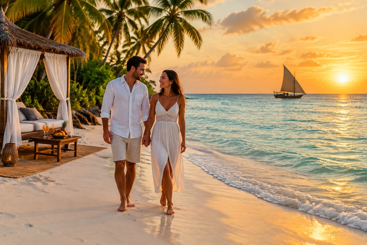 A newlywed couple walks along a tropical Zanzibar beach at sunset.