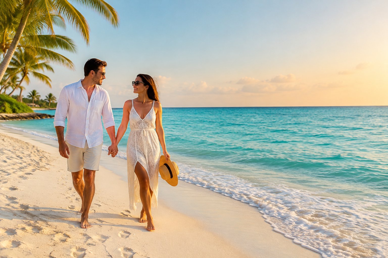 A couple walks hand in hand along a white-sand beach beside turquoise water.