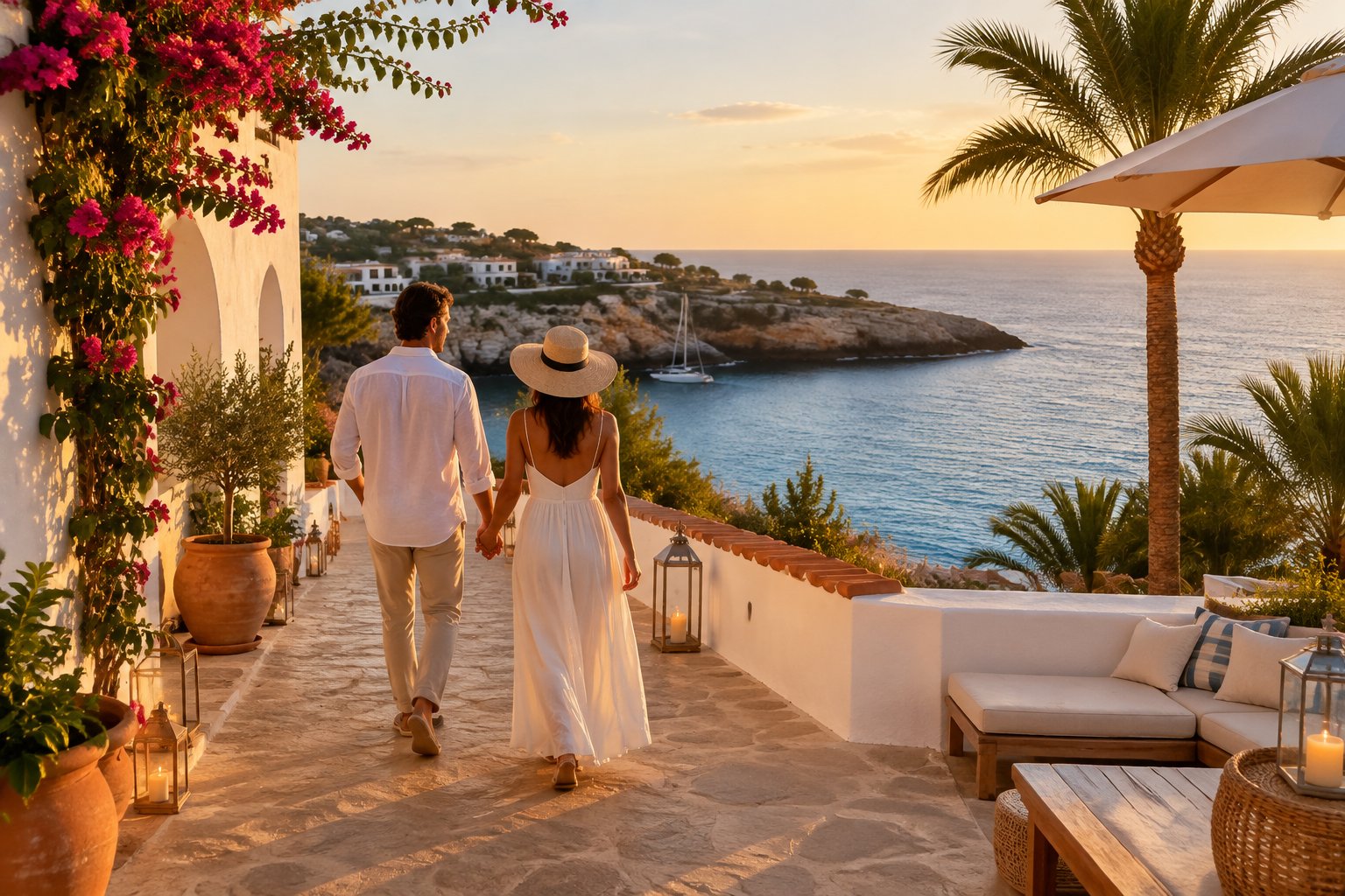 A couple walks hand in hand beside a Mediterranean resort overlooking the sea.