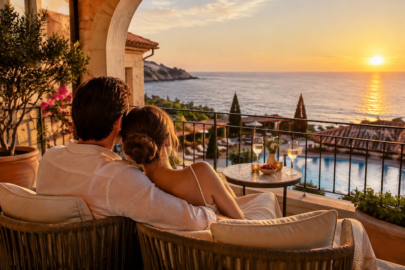 A couple relaxes on a resort terrace overlooking the Mediterranean Sea.