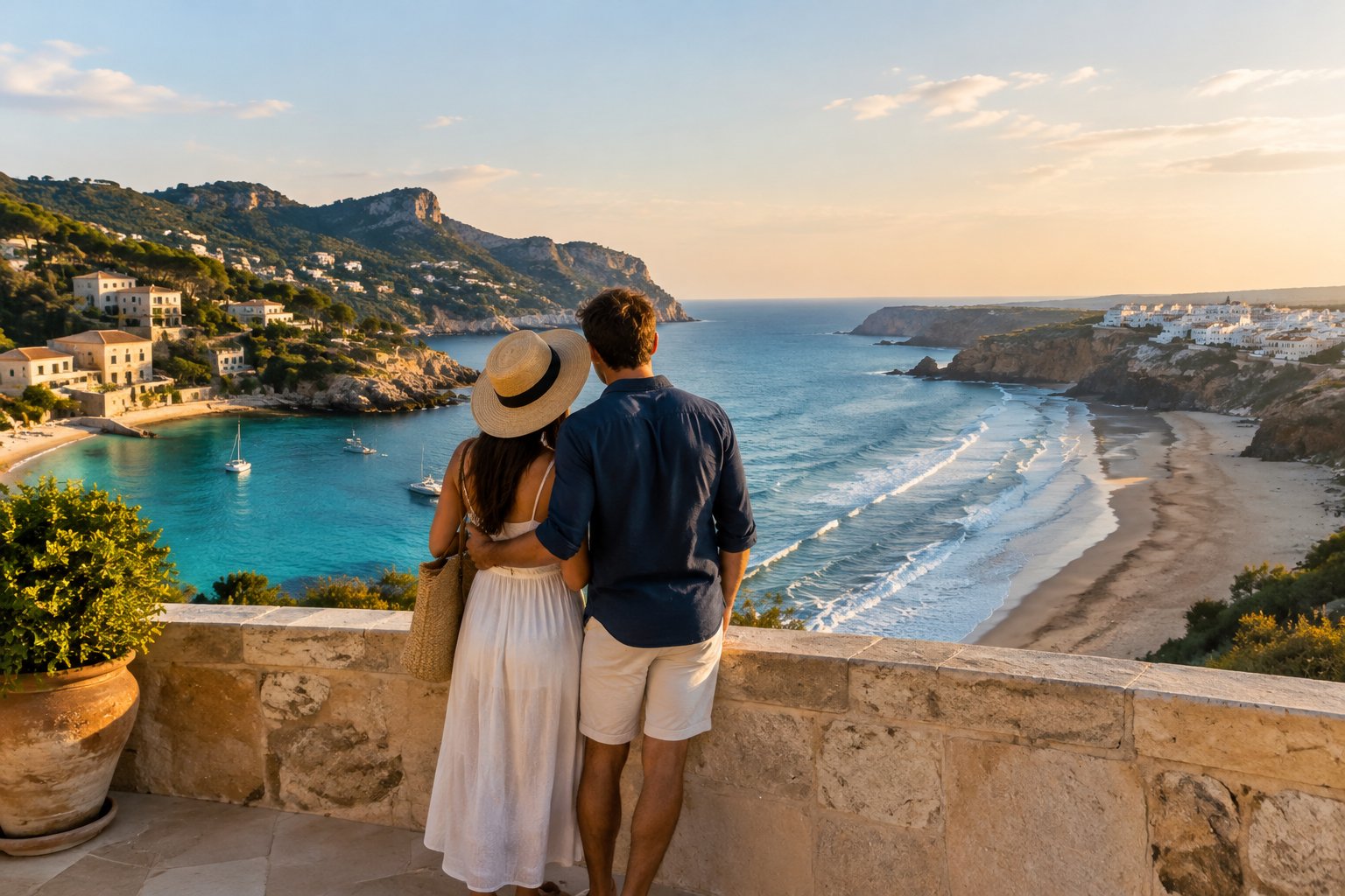 A couple looks out over a sunny Spanish coastline from a terrace.
