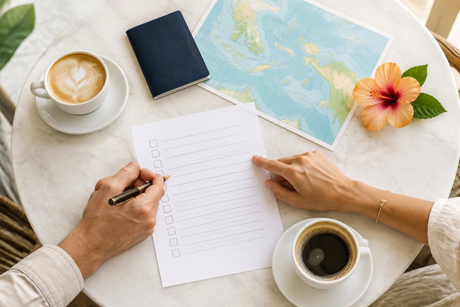 A couple fills out a paper form together at a café table with a passport and map nearby.