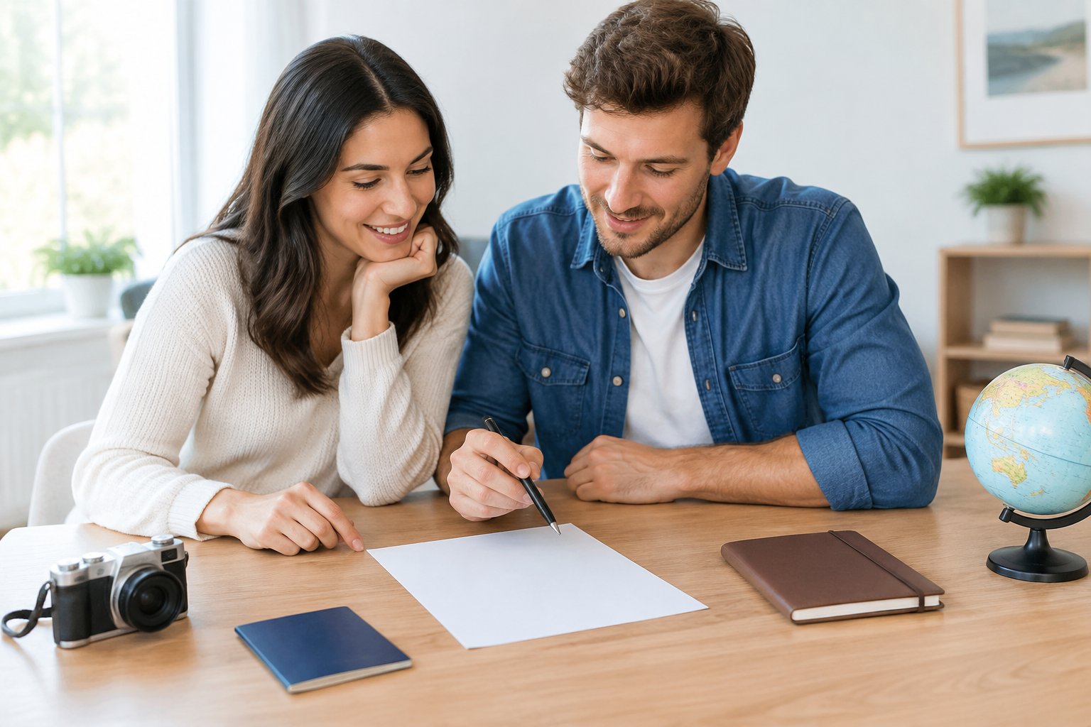 A couple reviews a blank questionnaire while planning their honeymoon.