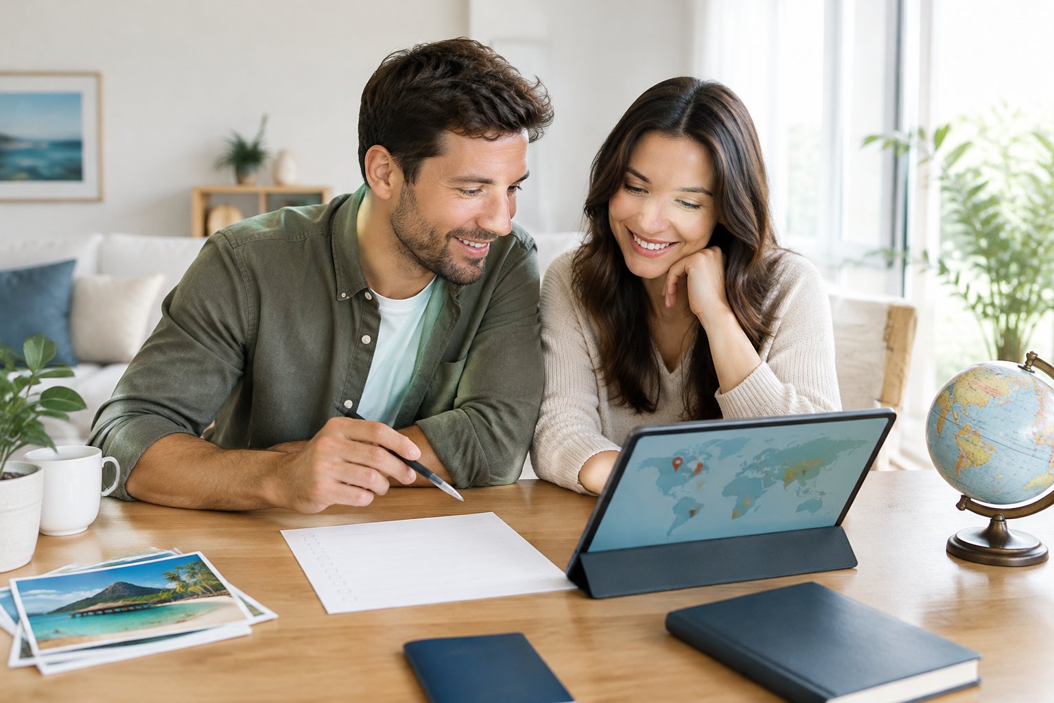 A couple discusses honeymoon destinations while reviewing a questionnaire and a map.