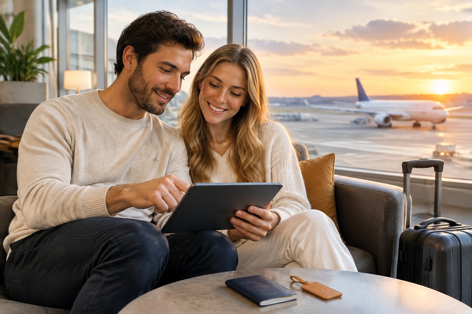 A newlywed couple compares travel options in an airport lounge.
