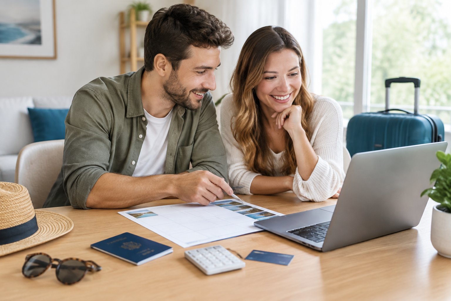 A couple reviews honeymoon travel plans together at a table.