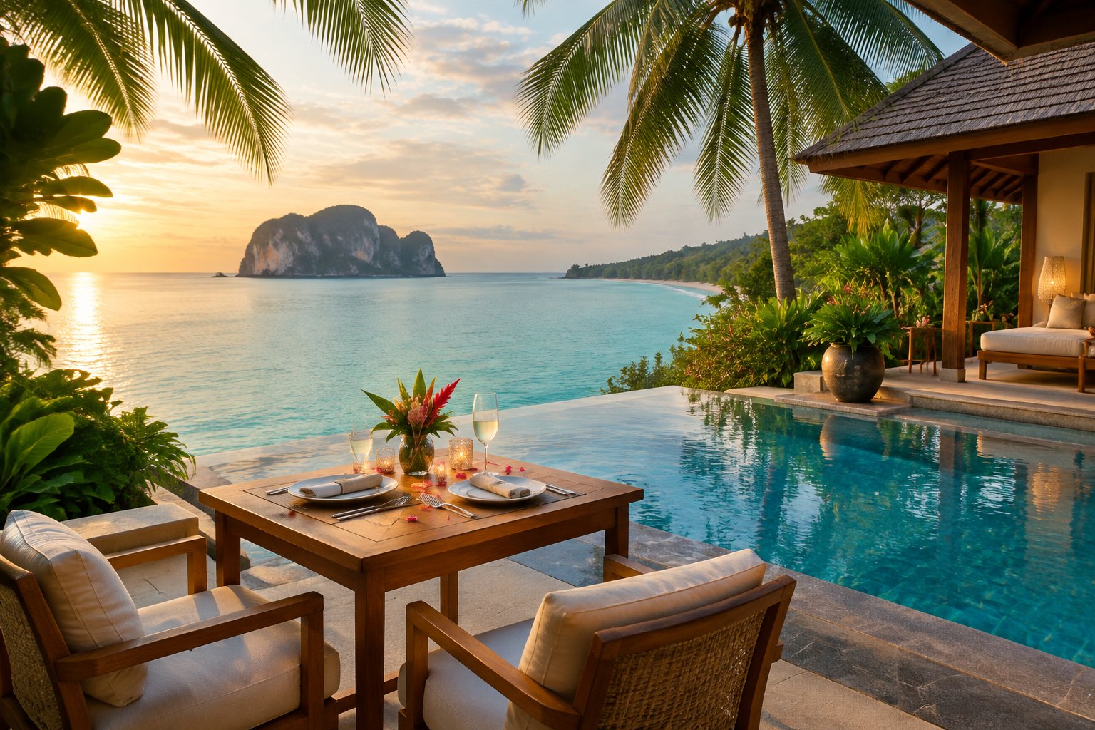 A tropical villa with an infinity pool overlooking the sea.