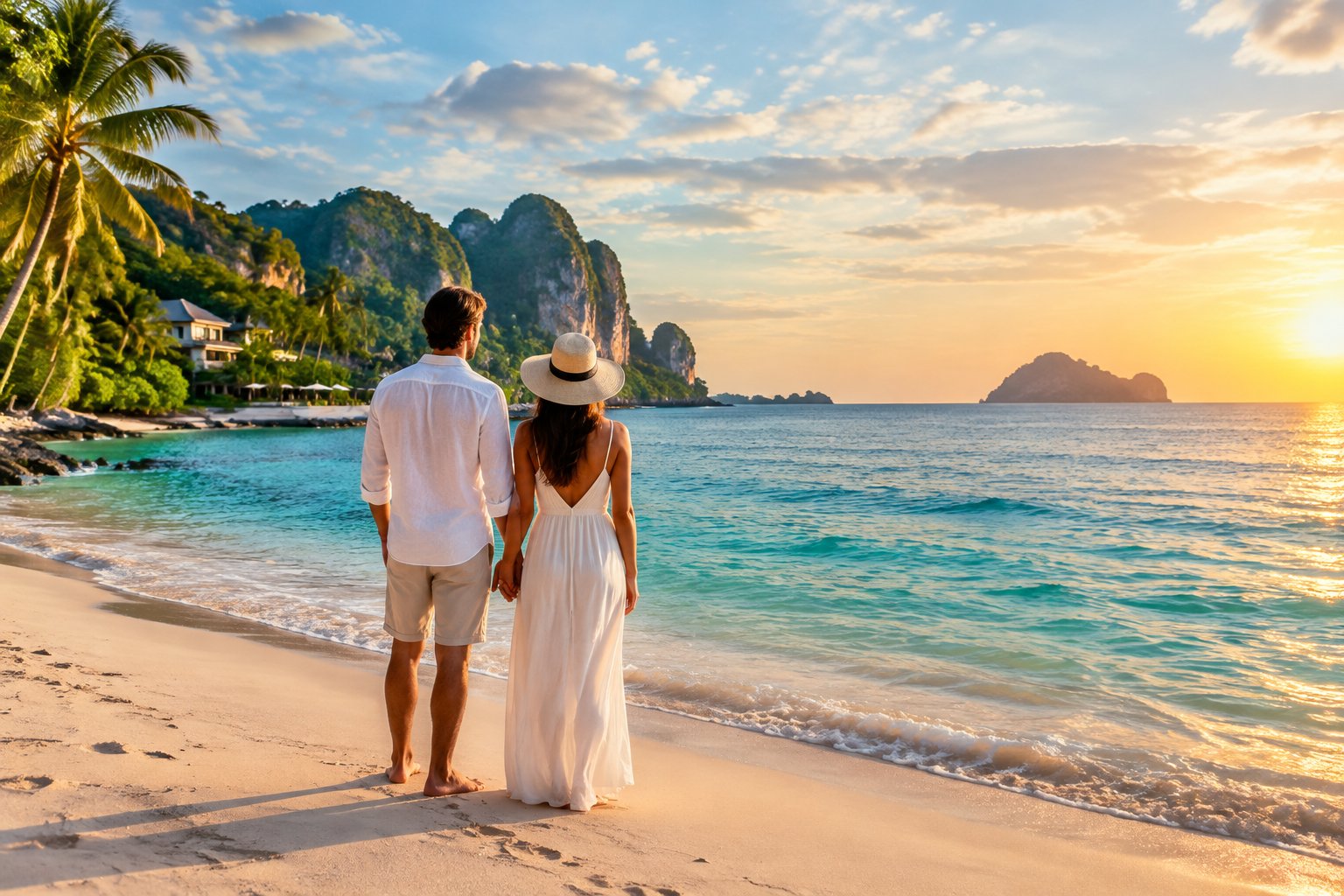 A couple stands hand in hand on a tropical Thai beach, looking toward an island.