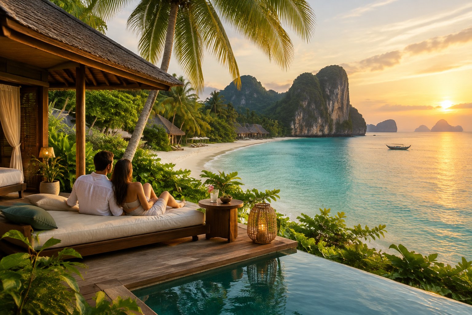 A couple relaxes on a resort terrace overlooking a tropical beach and turquoise sea.