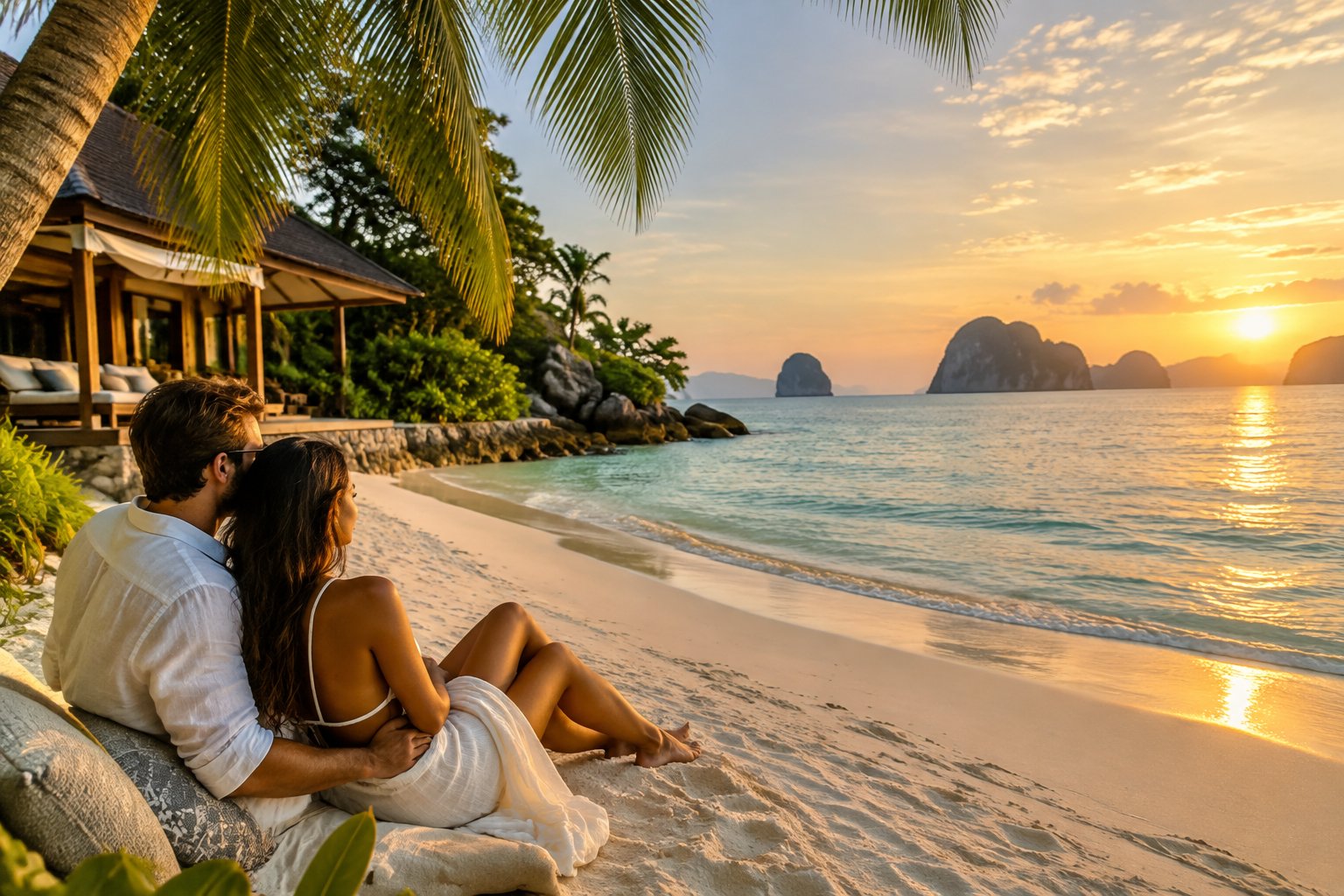 A couple relaxes together on a tropical beach beside the calm sea.