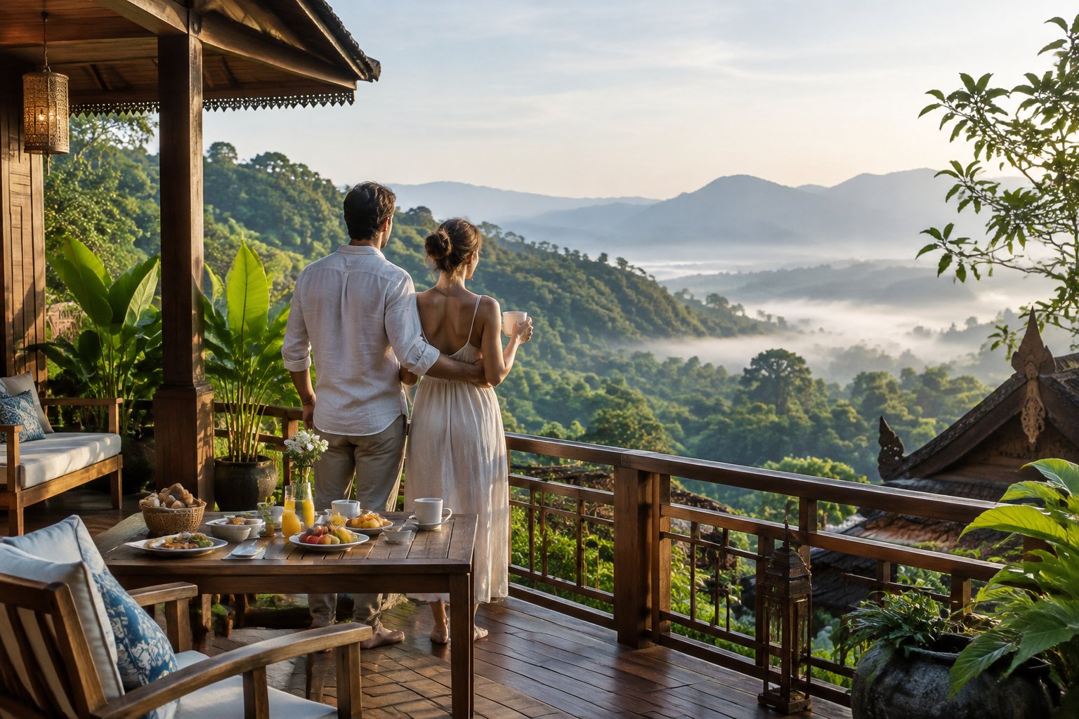 A couple stands on a resort terrace overlooking the misty green mountains of Northern Thailand.