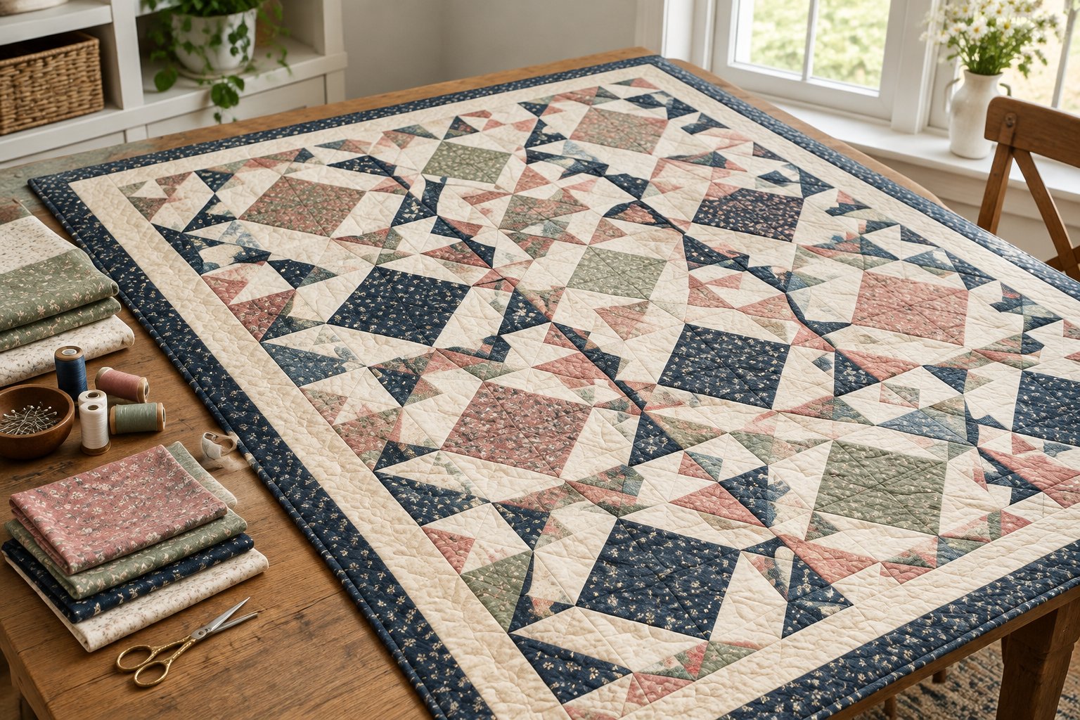 A geometric patchwork quilt spread across a wooden table with fabric pieces and sewing supplies nearby.