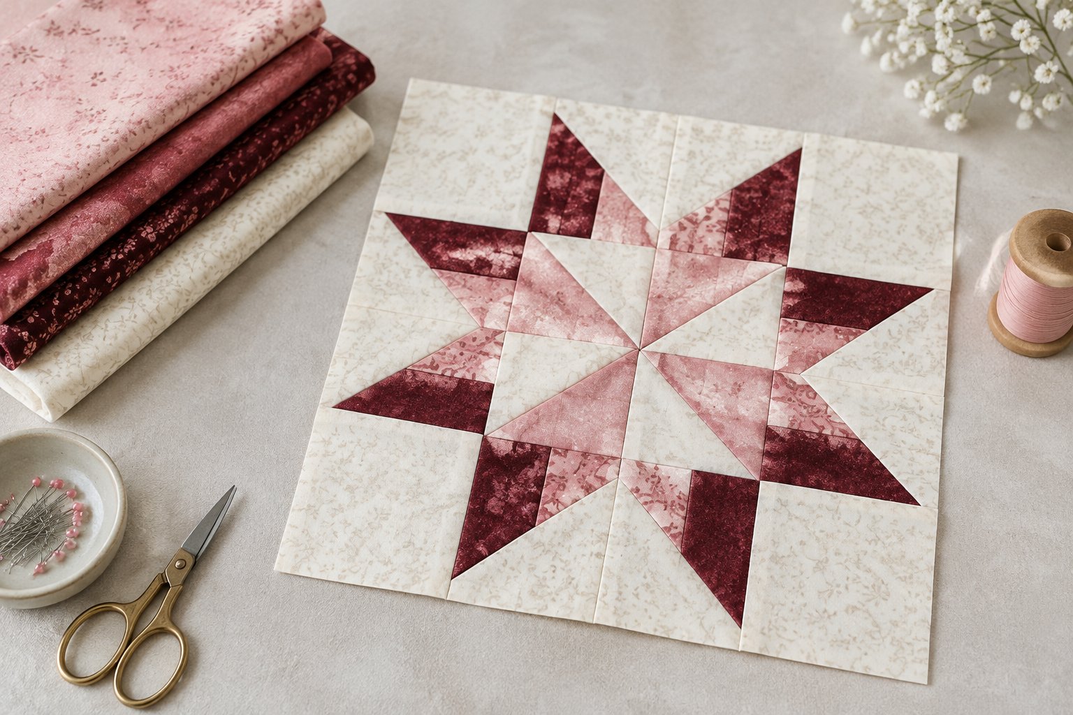A star-shaped quilt block surrounded by coordinating fabric and sewing tools.