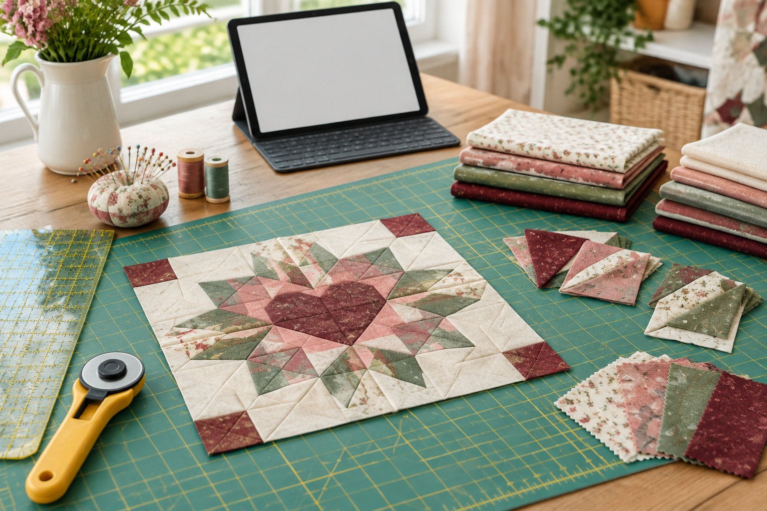 A honeymoon quilt block and quilting supplies arranged on a sewing table.