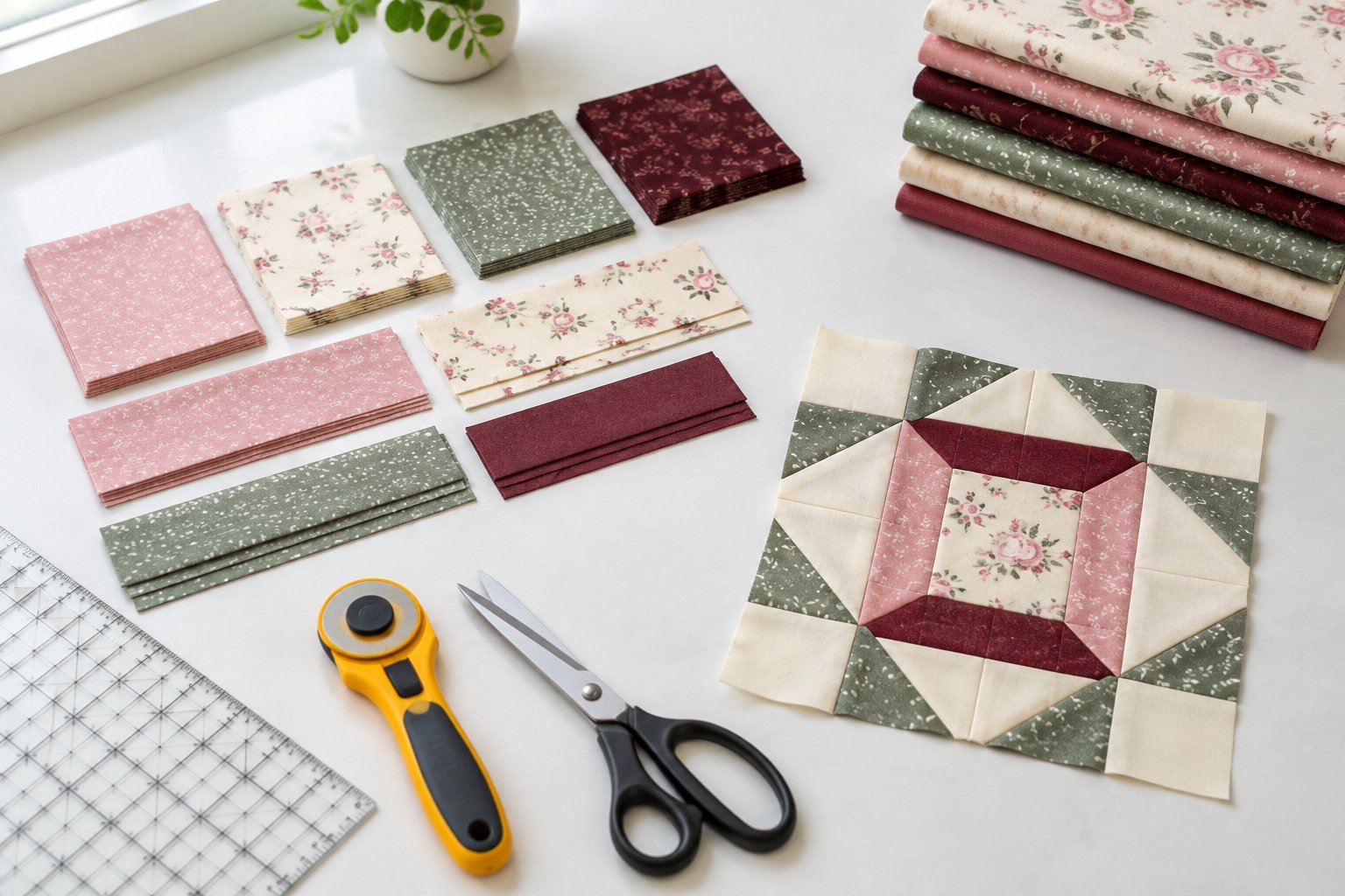 Cut fabric pieces, quilting tools, and a partially assembled patchwork block on a table.