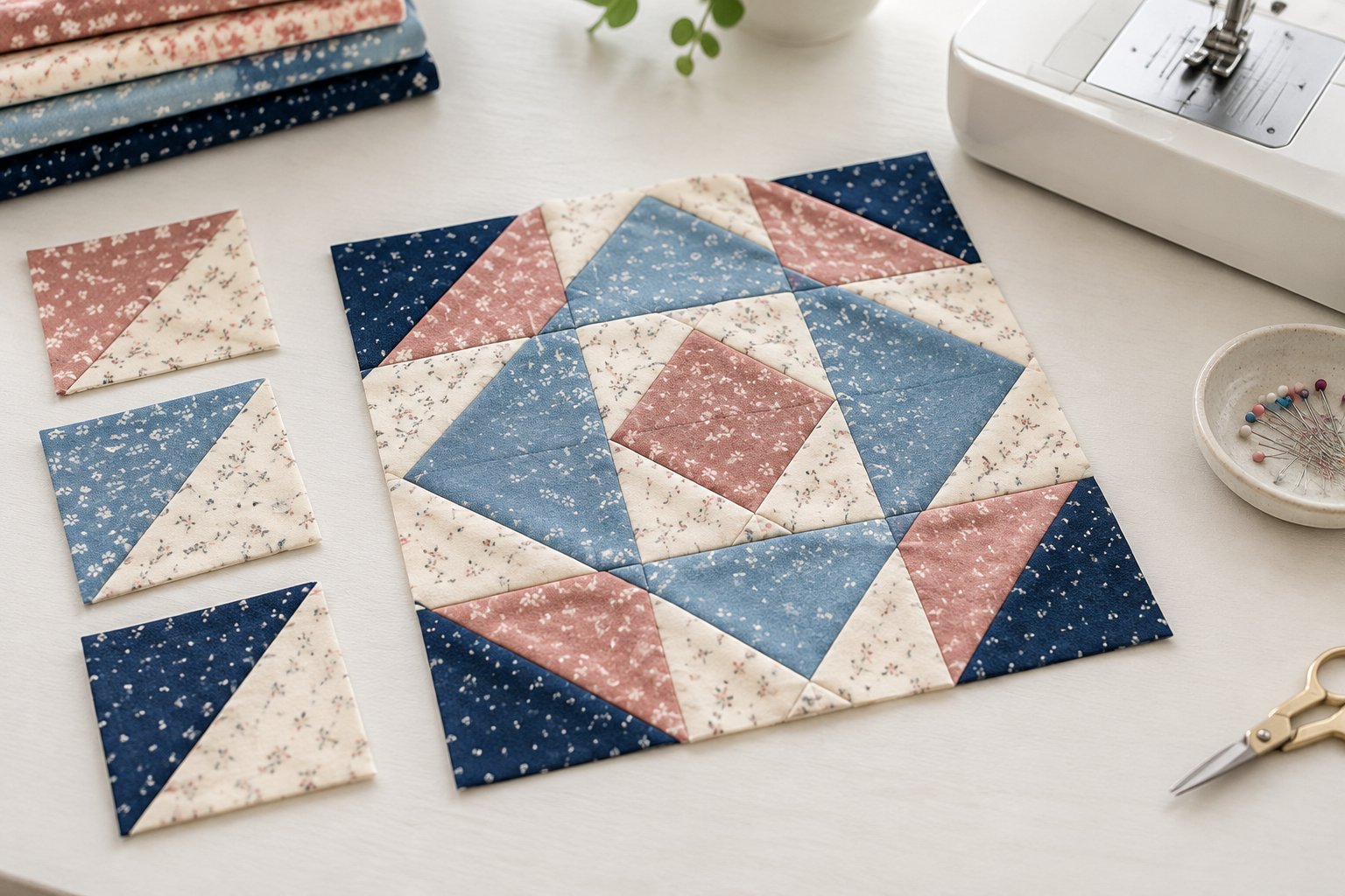 Geometric quilt pieces arranged into a patchwork block on a sewing table.