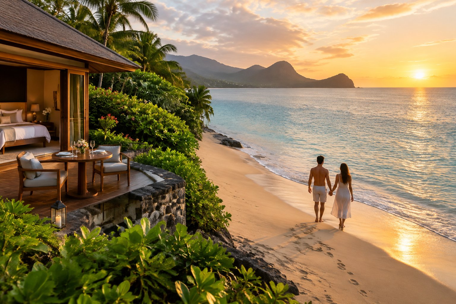 A couple walks hand in hand along a tropical resort beach at sunset.