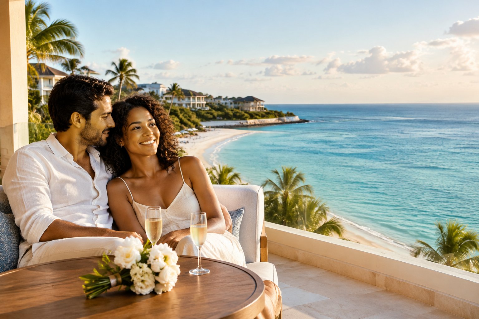 A newlywed couple relaxes on a resort terrace overlooking the ocean.