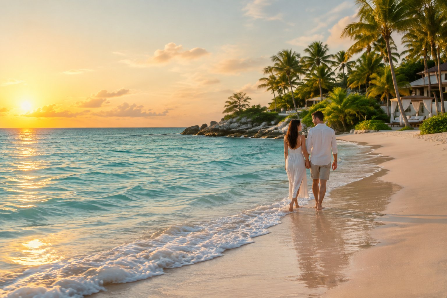 A couple walks along a quiet beach beside a tropical resort.