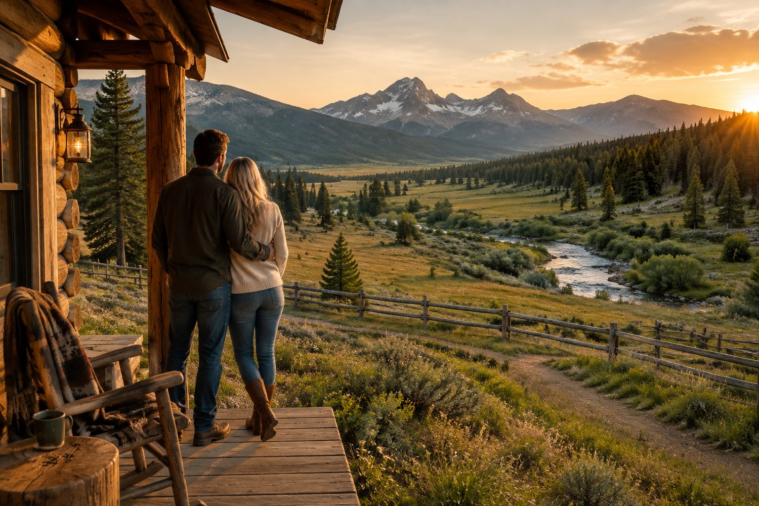 A couple looks out over a secluded ranch valley from a cabin porch.