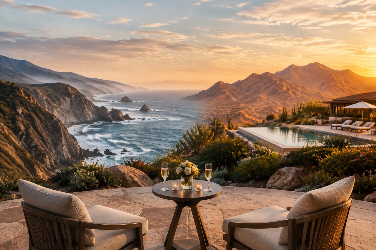 A romantic terrace overlooking coastal cliffs and a sunlit desert resort.
