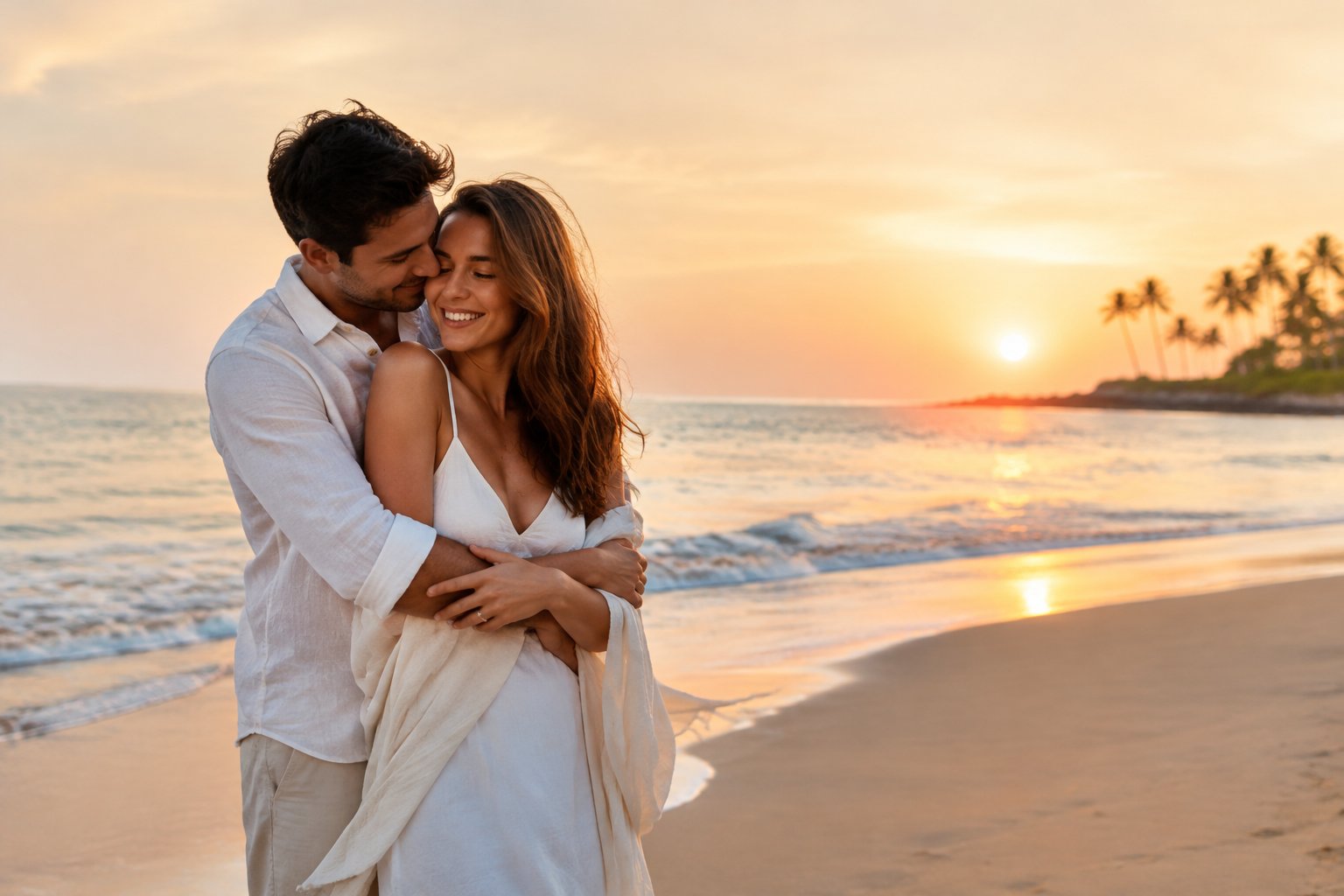 A newlywed couple embraces on a tropical beach.