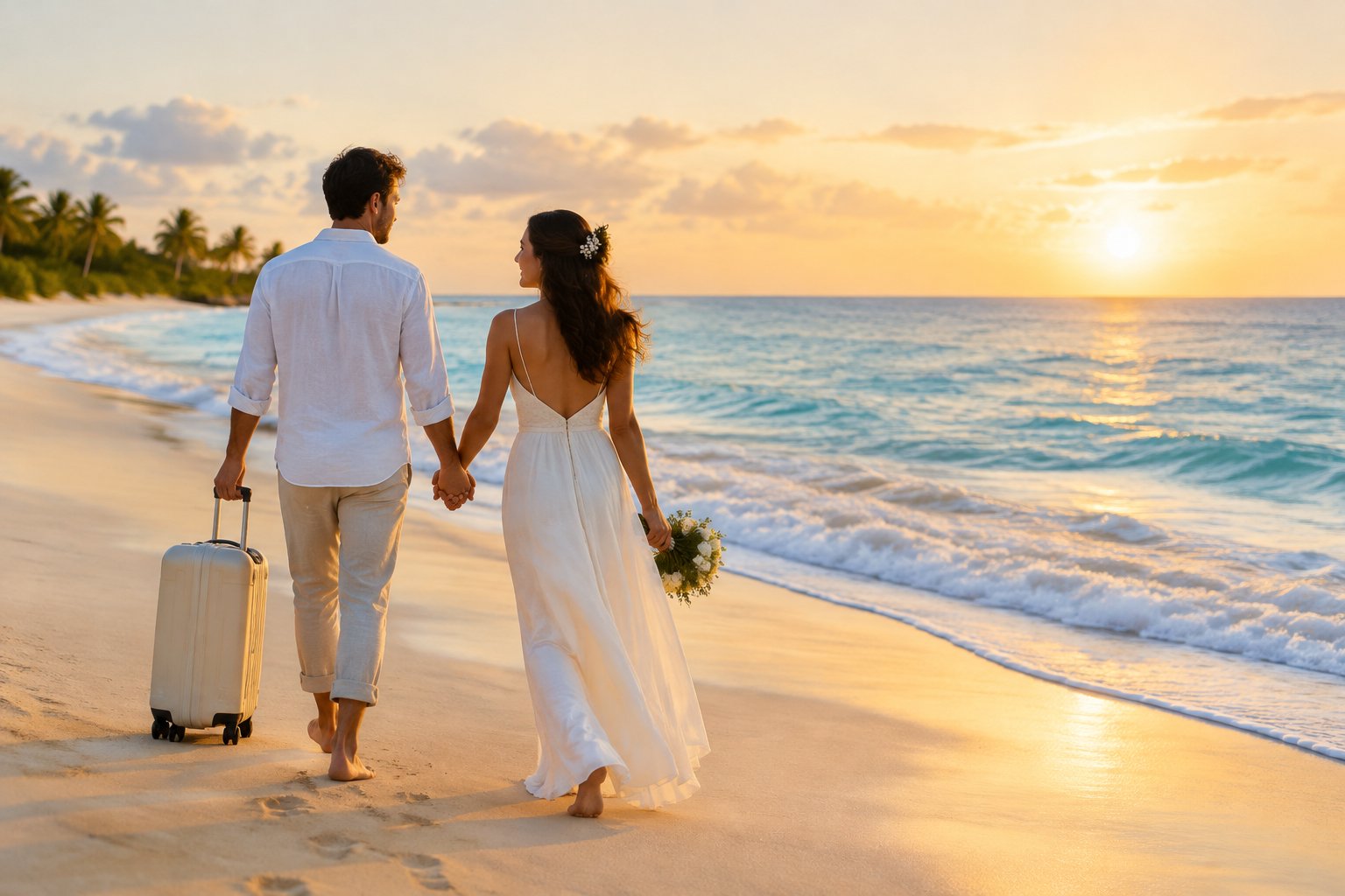 A newlywed couple walks hand in hand along a tropical beach with a suitcase.