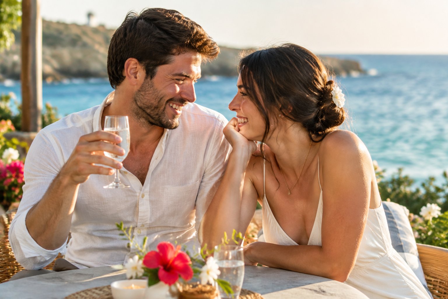 A newlywed couple shares a playful moment at a seaside café.