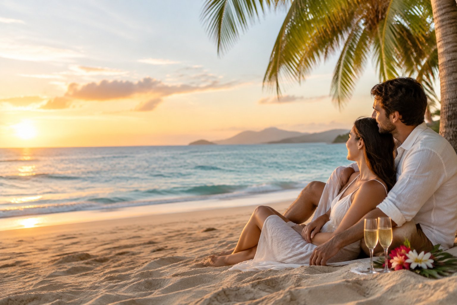 A newlywed couple sits together beneath a palm tree on a tropical beach.
