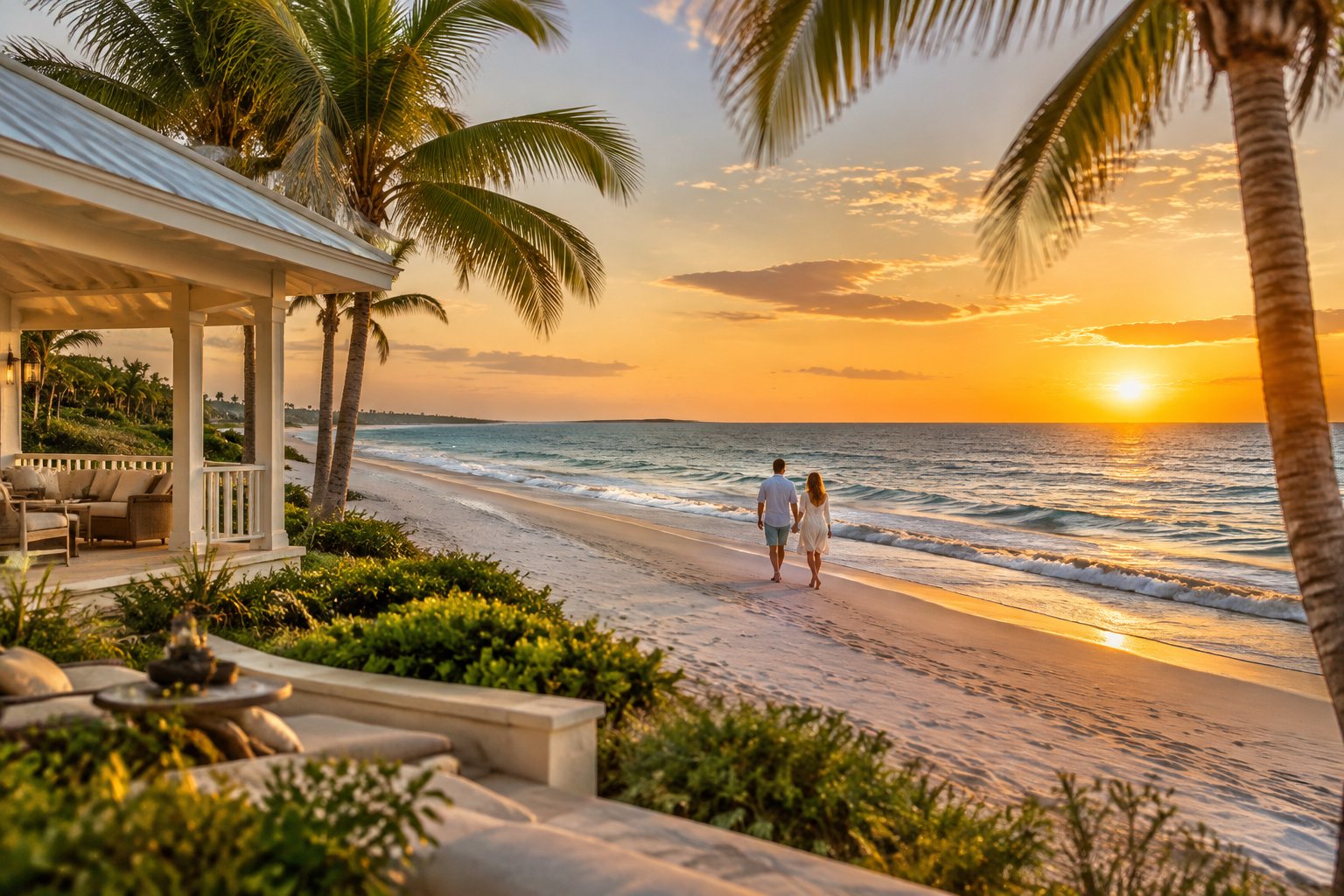 A couple walks along the beach beside a palm-lined resort.