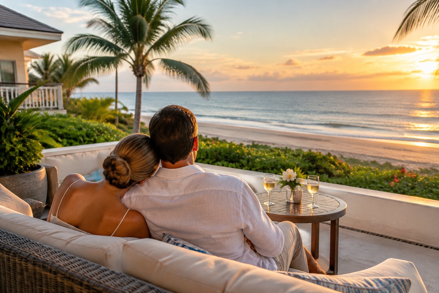 A couple relaxes together on a resort terrace overlooking a beach and the ocean.