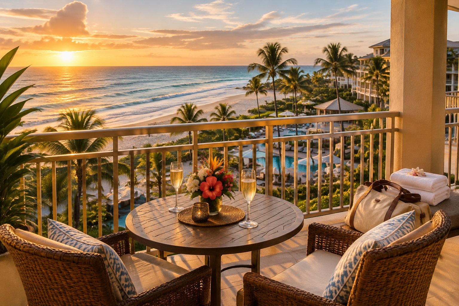 A table for two on a resort balcony overlooking the beach in Vero Beach.