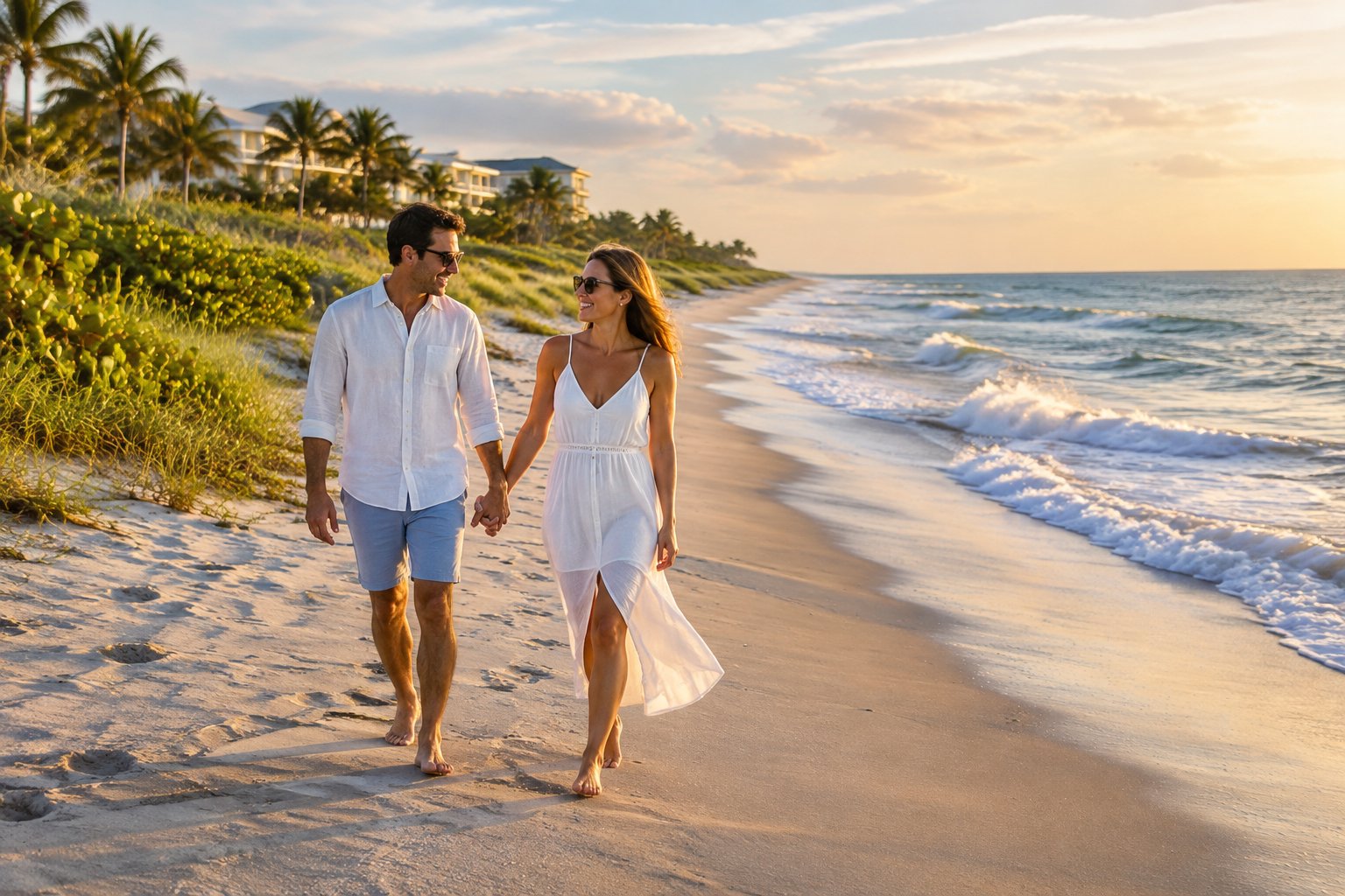 A couple walks hand in hand along a beach near a resort.