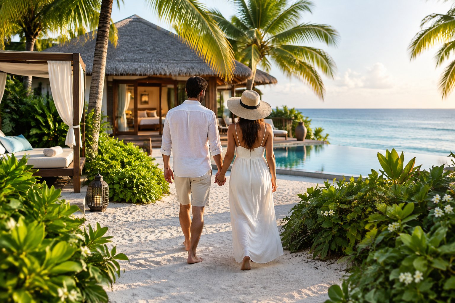 A couple walks hand in hand toward a tropical beachfront resort.