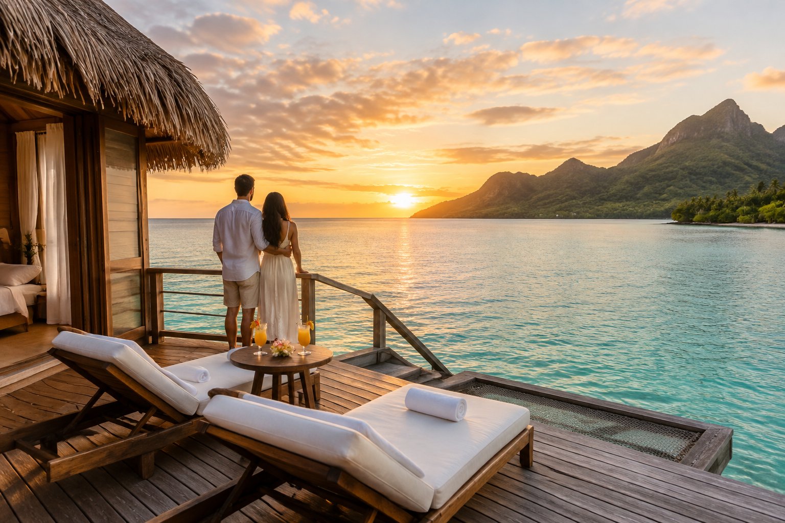 A couple stands on a private resort deck overlooking a tropical lagoon.
