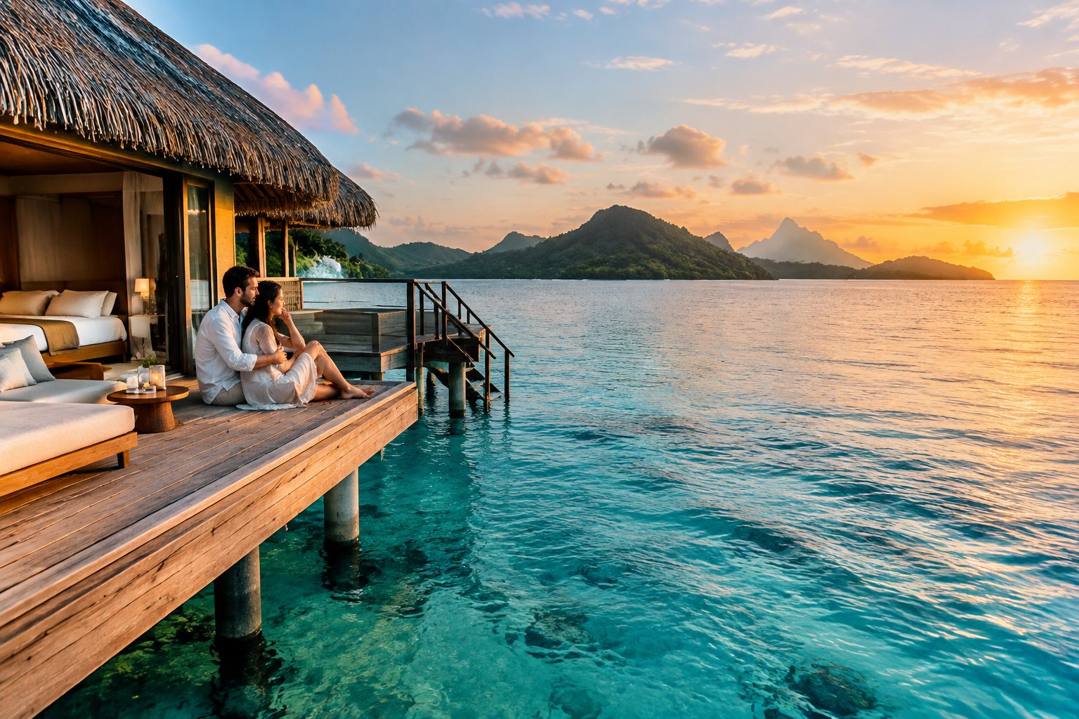 A couple relaxes on a private overwater villa deck above turquoise water.