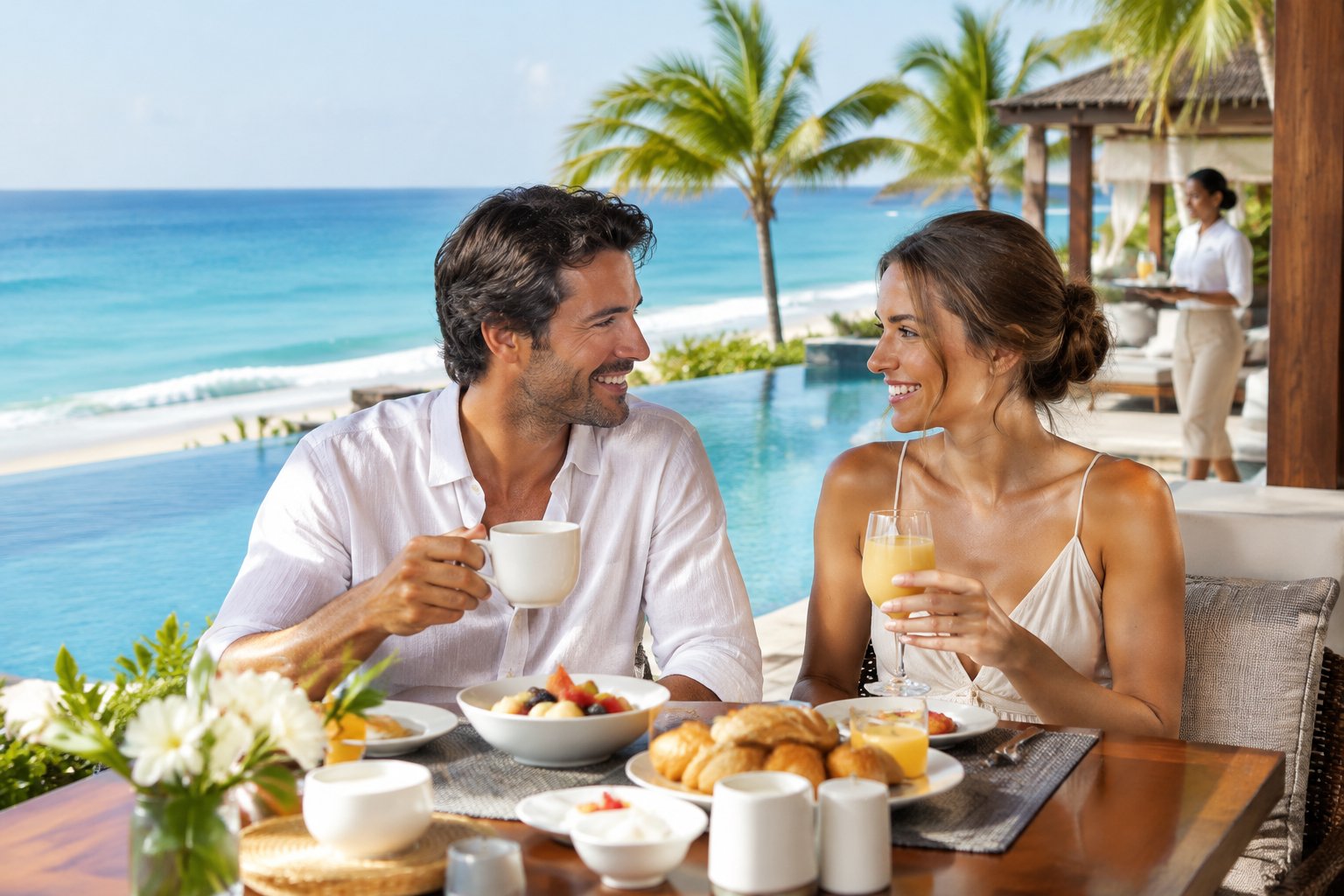 A newlywed couple shares breakfast on a terrace overlooking a tropical beach.