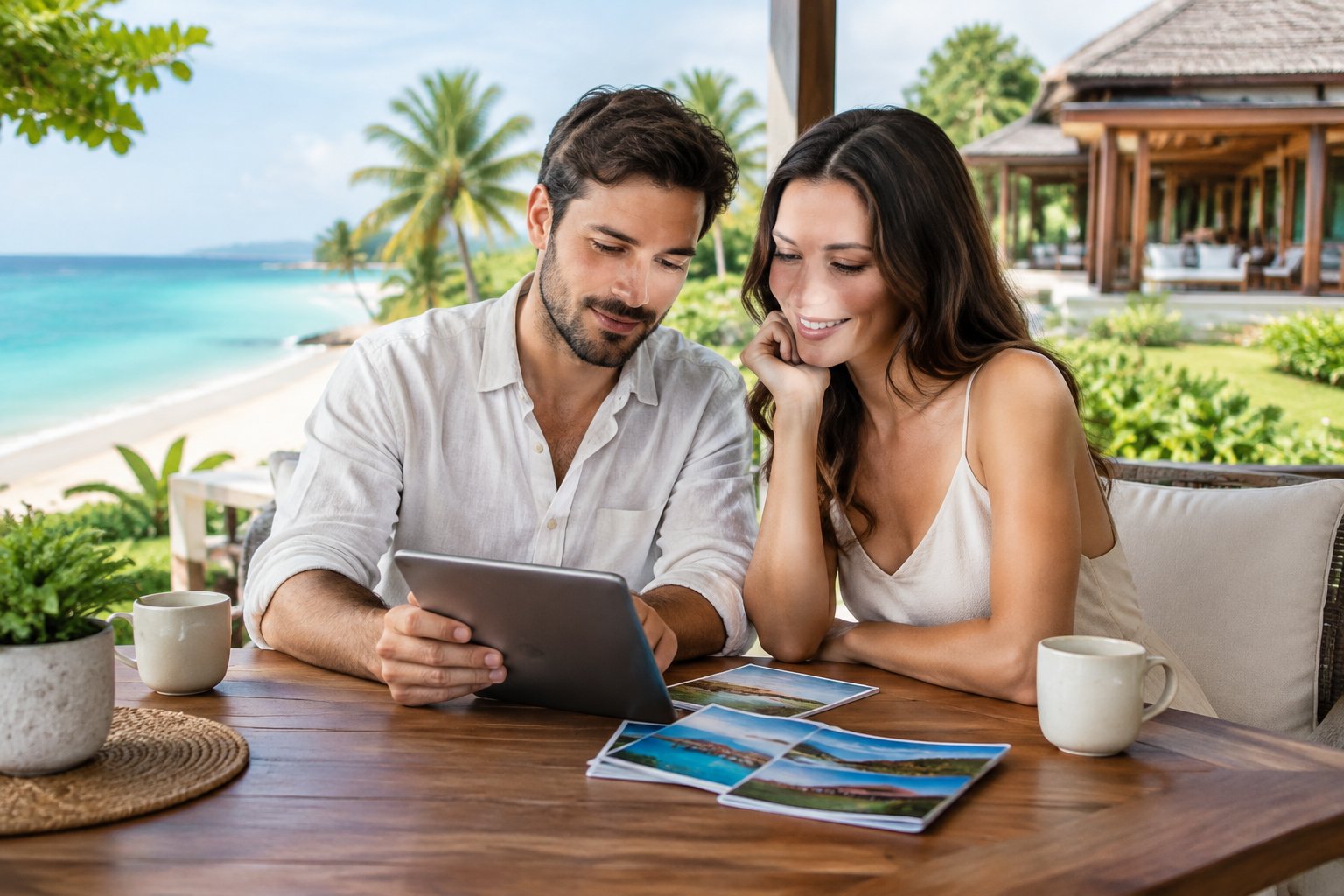 A couple compares resort options together on a tropical terrace.