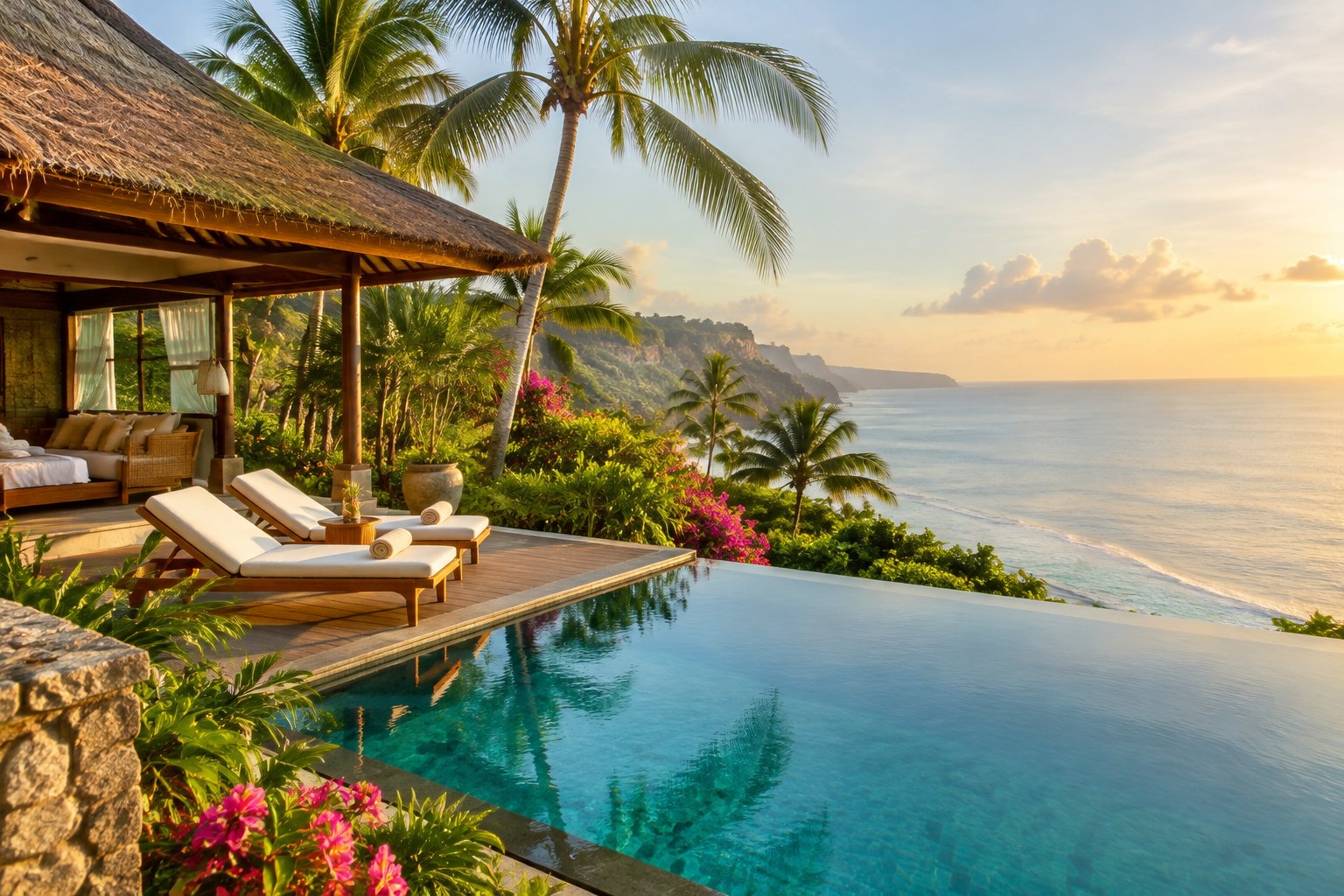 A tropical resort infinity pool overlooks the ocean beside a villa in Bali.
