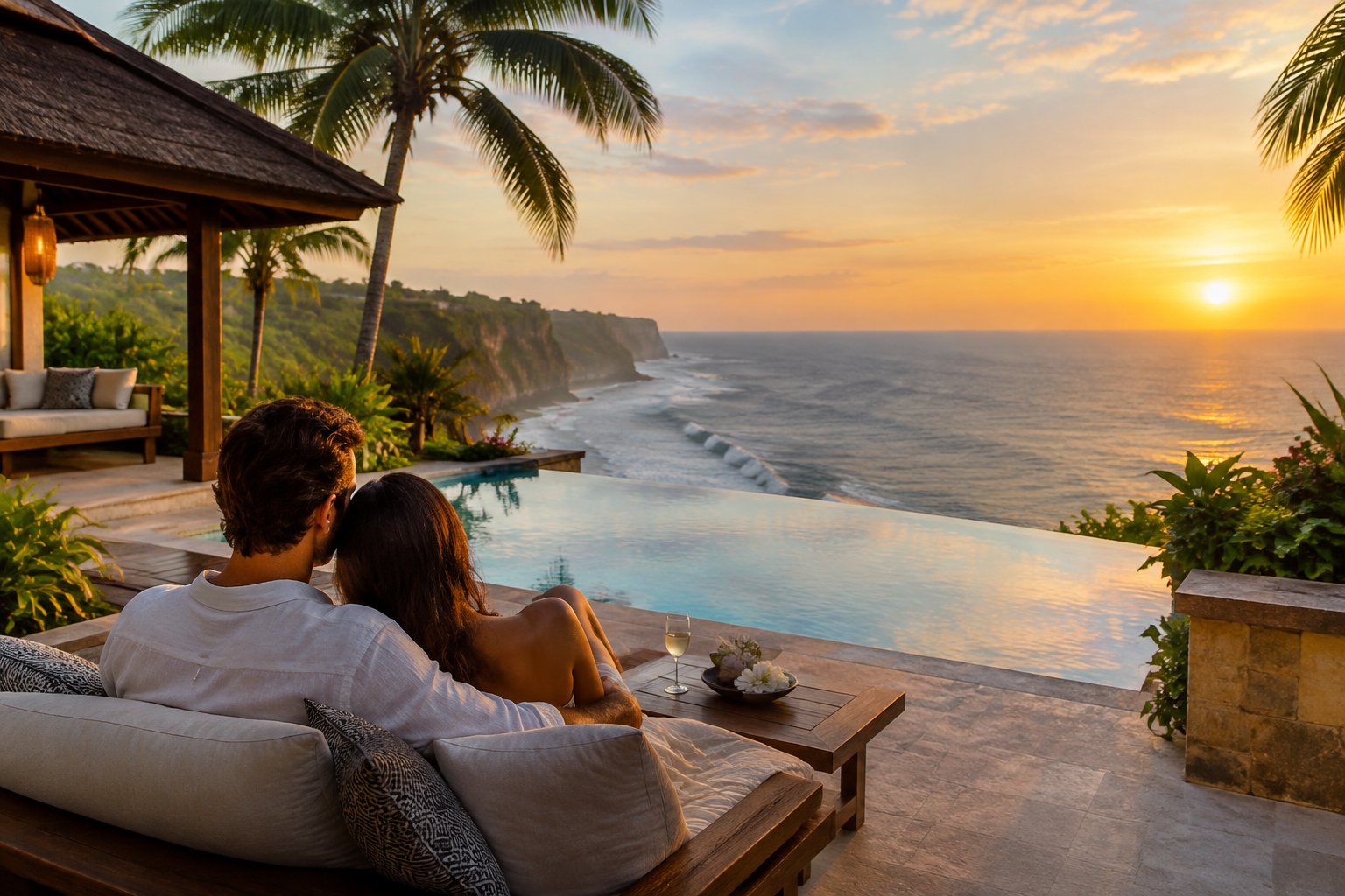 A couple relaxes on a villa terrace overlooking the ocean in Bali.