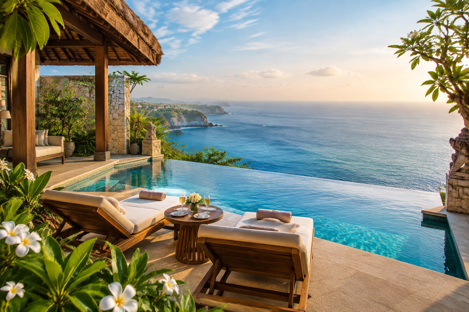 A private Balinese resort terrace with an infinity pool overlooking the ocean.