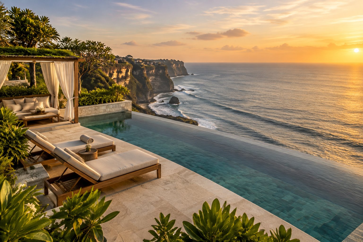 A secluded resort terrace with an infinity pool overlooking the ocean from a Bali clifftop.
