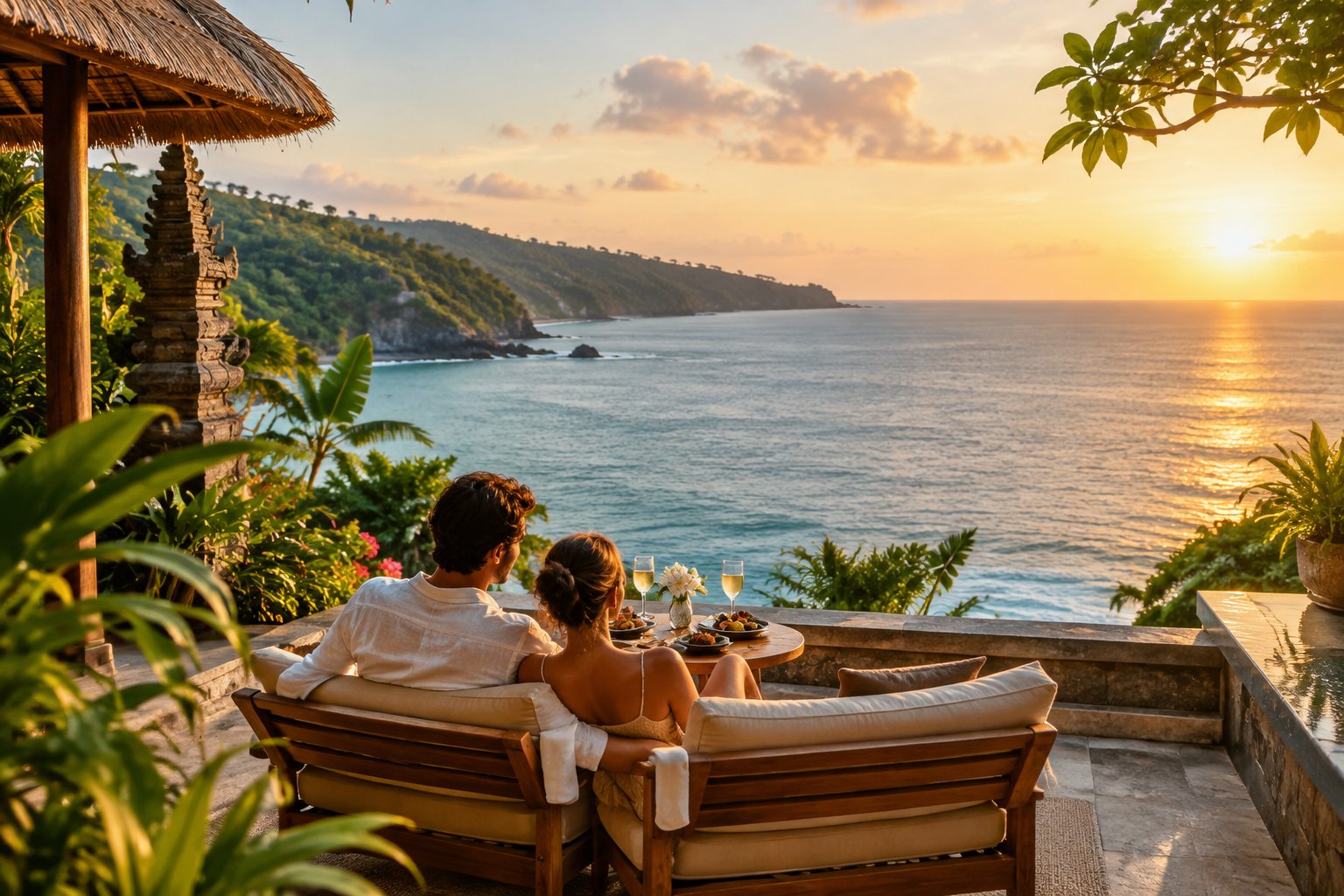 A couple shares a quiet moment on a tropical resort terrace overlooking the ocean.