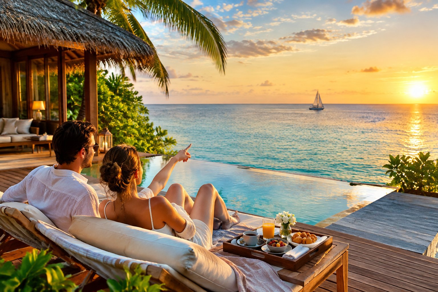 A couple relaxes on a tropical resort terrace overlooking the ocean.