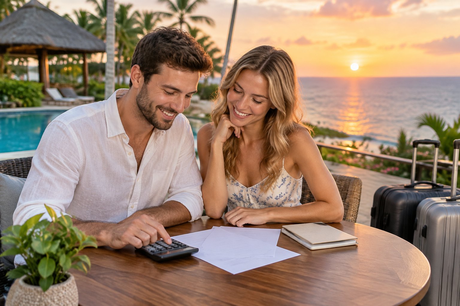 A newlywed couple reviews travel plans together on a tropical resort terrace.
