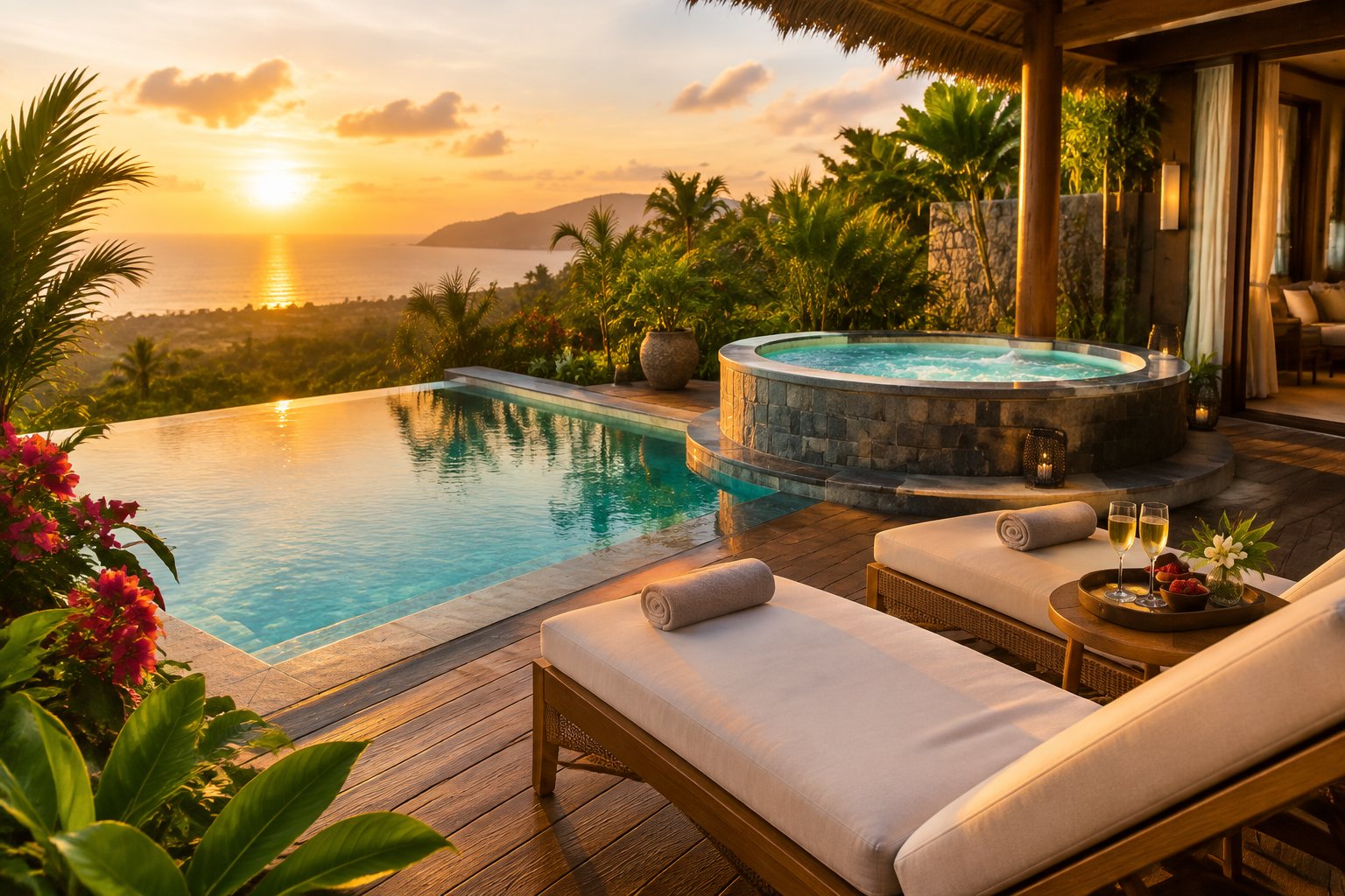A private pool and hot tub on a secluded resort terrace surrounded by tropical greenery.