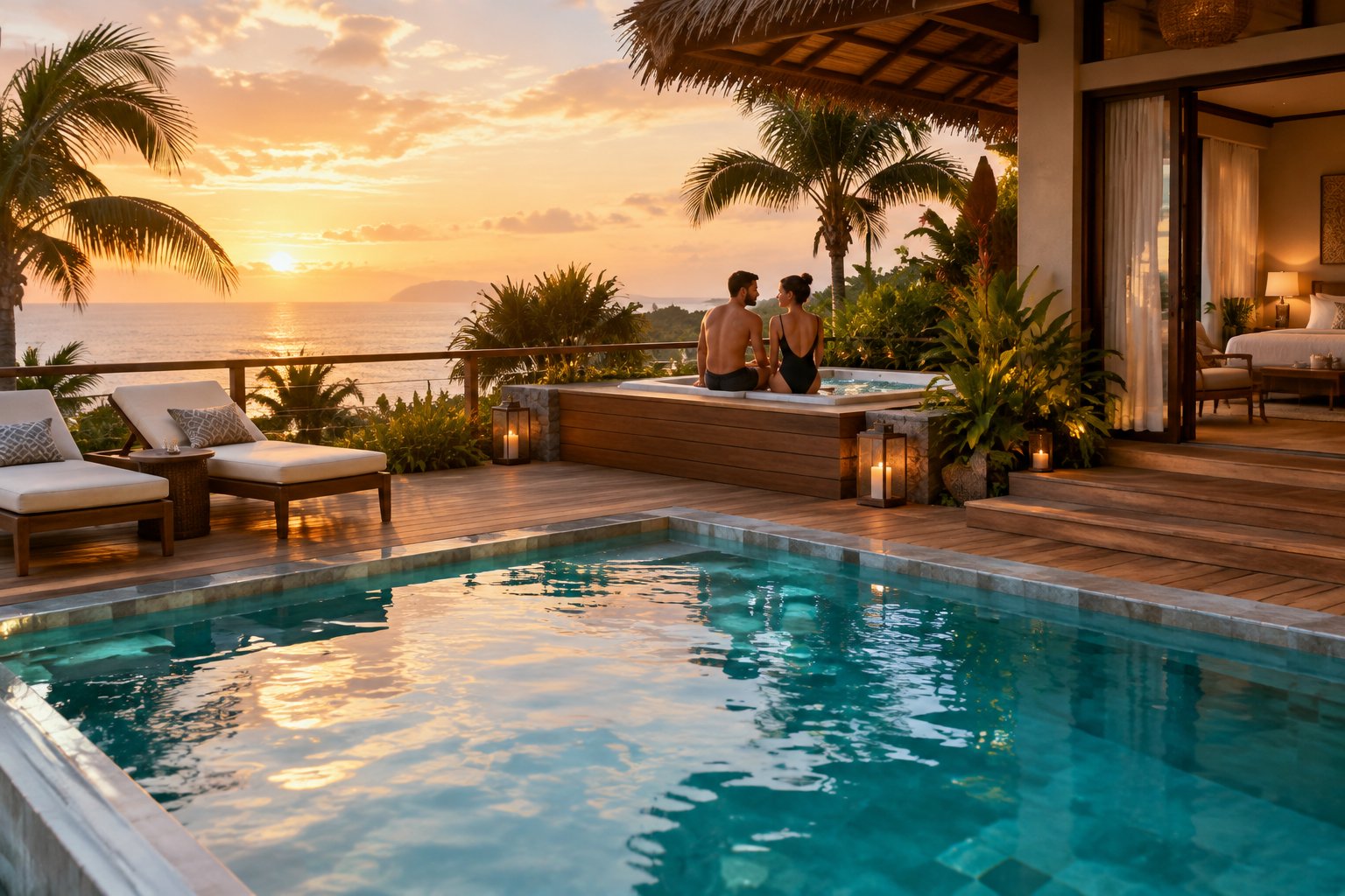 A couple relaxes beside a private pool and hot tub at a secluded resort.