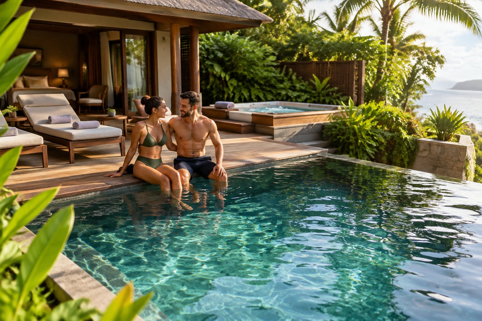 A couple relaxes beside a private pool at a tropical resort.