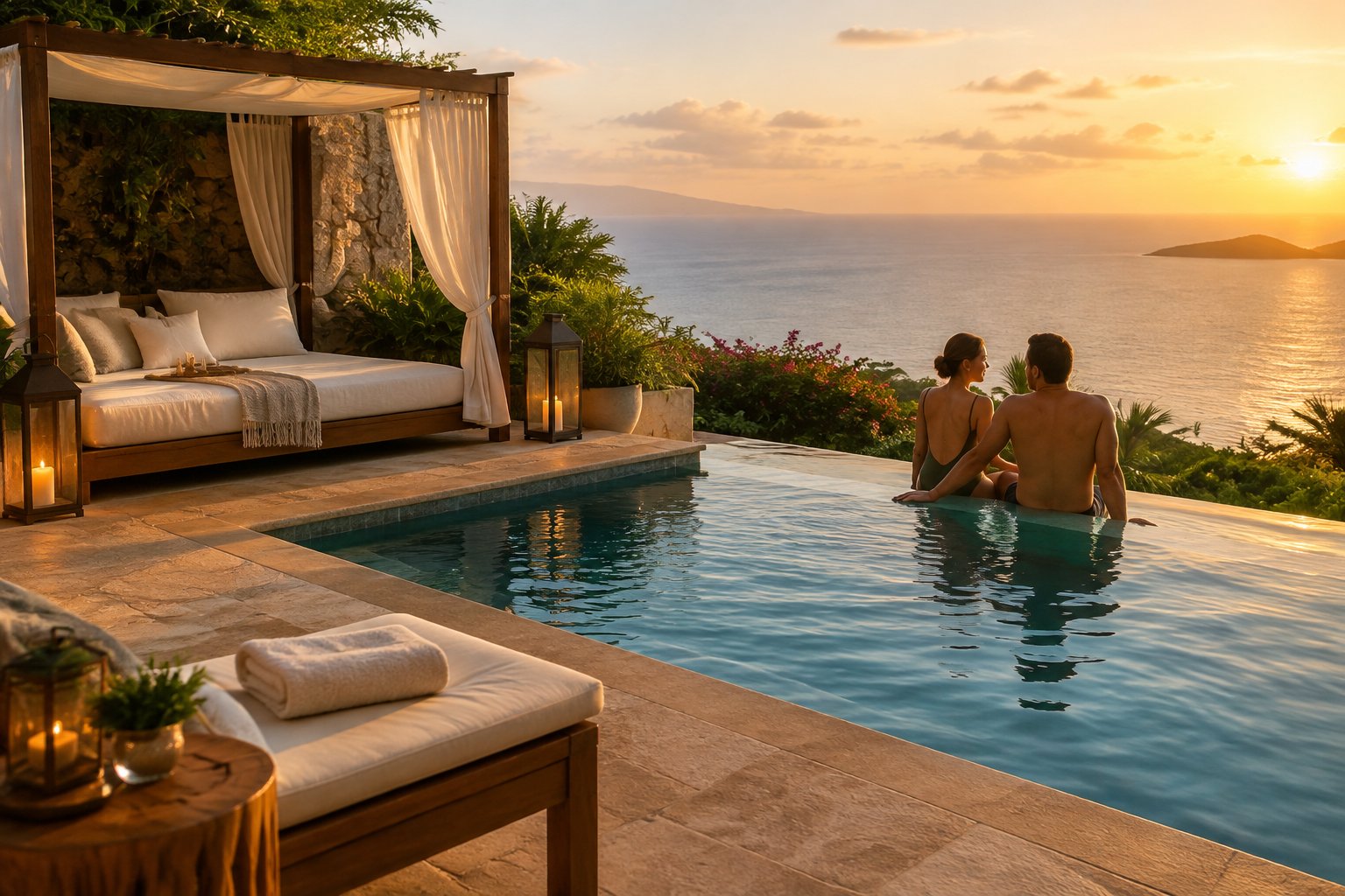 A couple relaxes beside a private pool at a secluded resort.