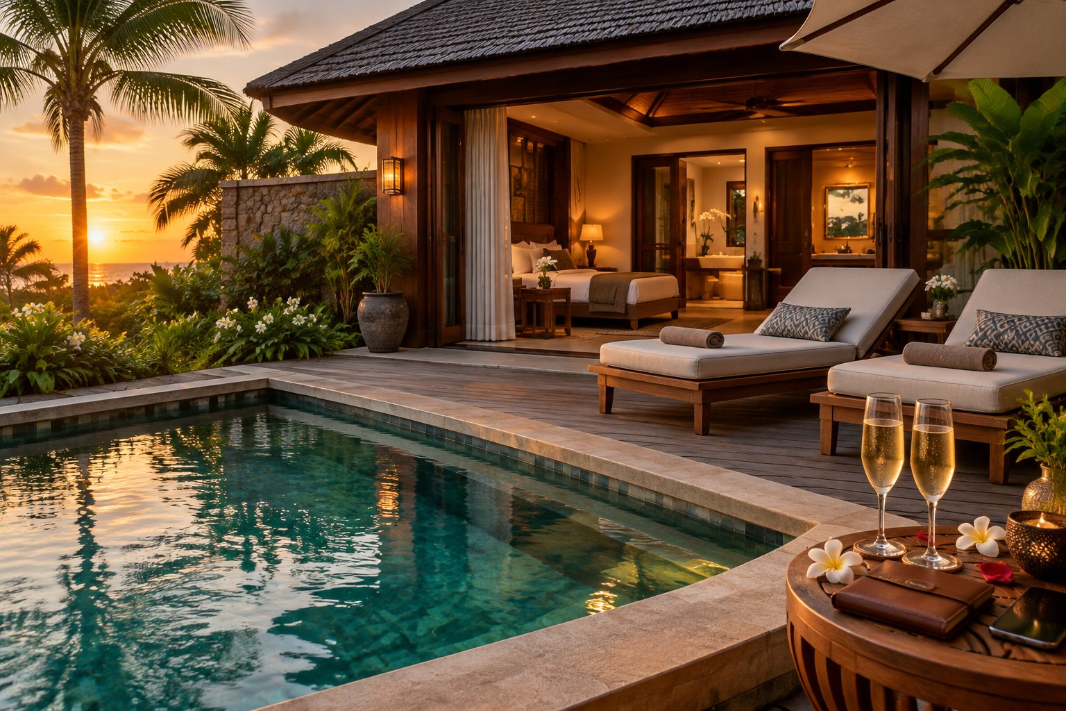 A private plunge pool and lounge chairs beside a honeymoon resort villa.